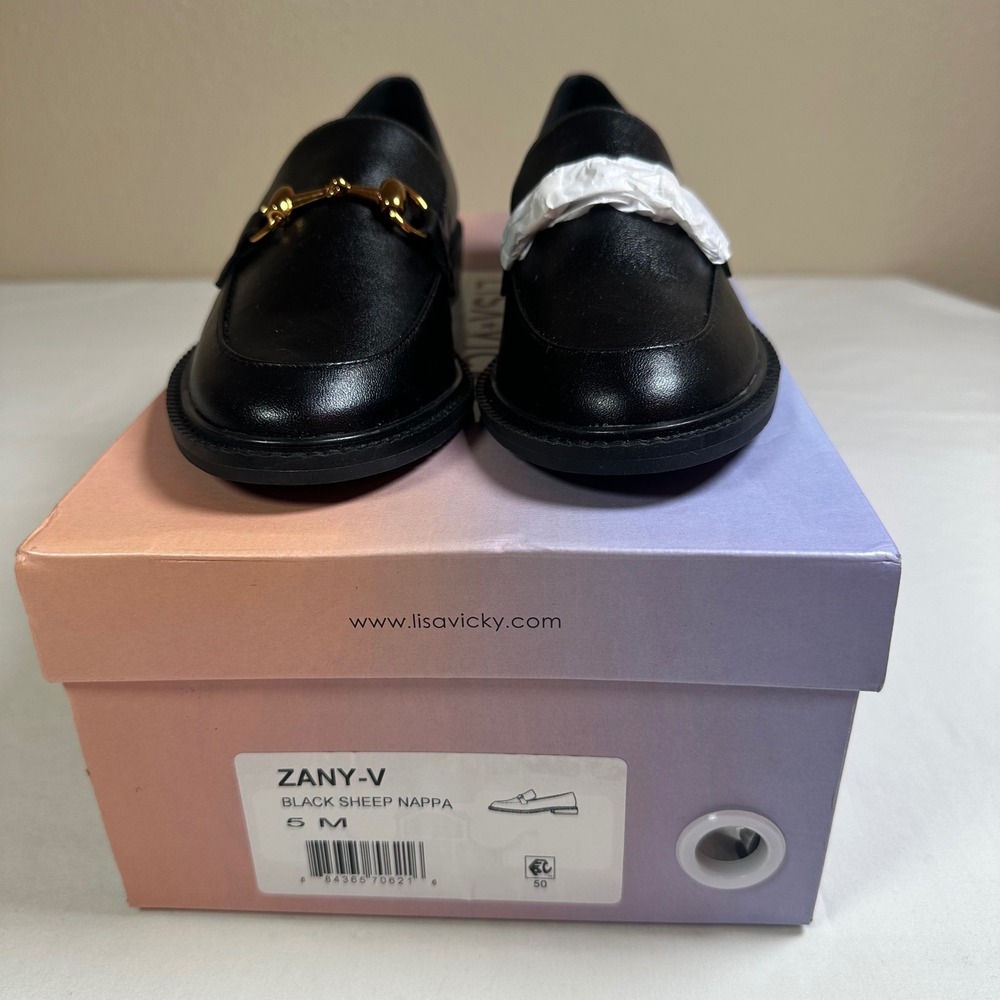 Lisa Vicky Zany-V Black Sheep Nappa‎ Loafers Gold Hardware Women's Size 5M NIB - Picture 11 of 13